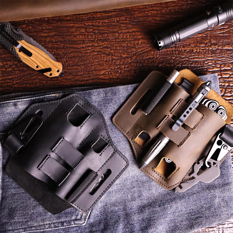 Leatherwork Knife Sheath - 屋外作業マルチツールホルダーシースタクティカルファニーパック、本革EDCオーガナイザー、折りたたみナイフツール、ウエストベルトバッグ