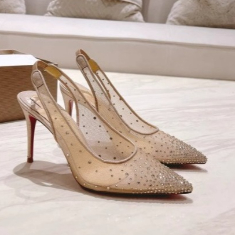 Leather Work Heels - メッシュラインストーン付きリアオープンスティレットヒールレディースハイヒールポインテッドウェディングシューズレディースサンダル