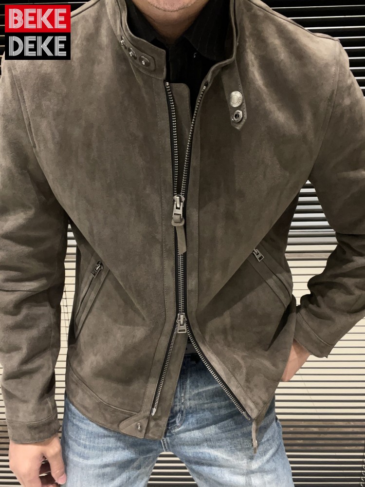 Leather Work For Kids - ファッションメンズ新しいスリムフィットスタンドカラージッパーソフトナチュラルスエードレザージャケットオートバイ生き抜くコートビジネスワークジャケット