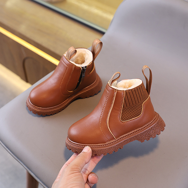 Leather Work For Kids - 子供フリース裏地ワークショートブーツ冬子供暖かいレトロナイトブーツ少年少女ローカットコットンブーツアウトドアカジュアルシューズ