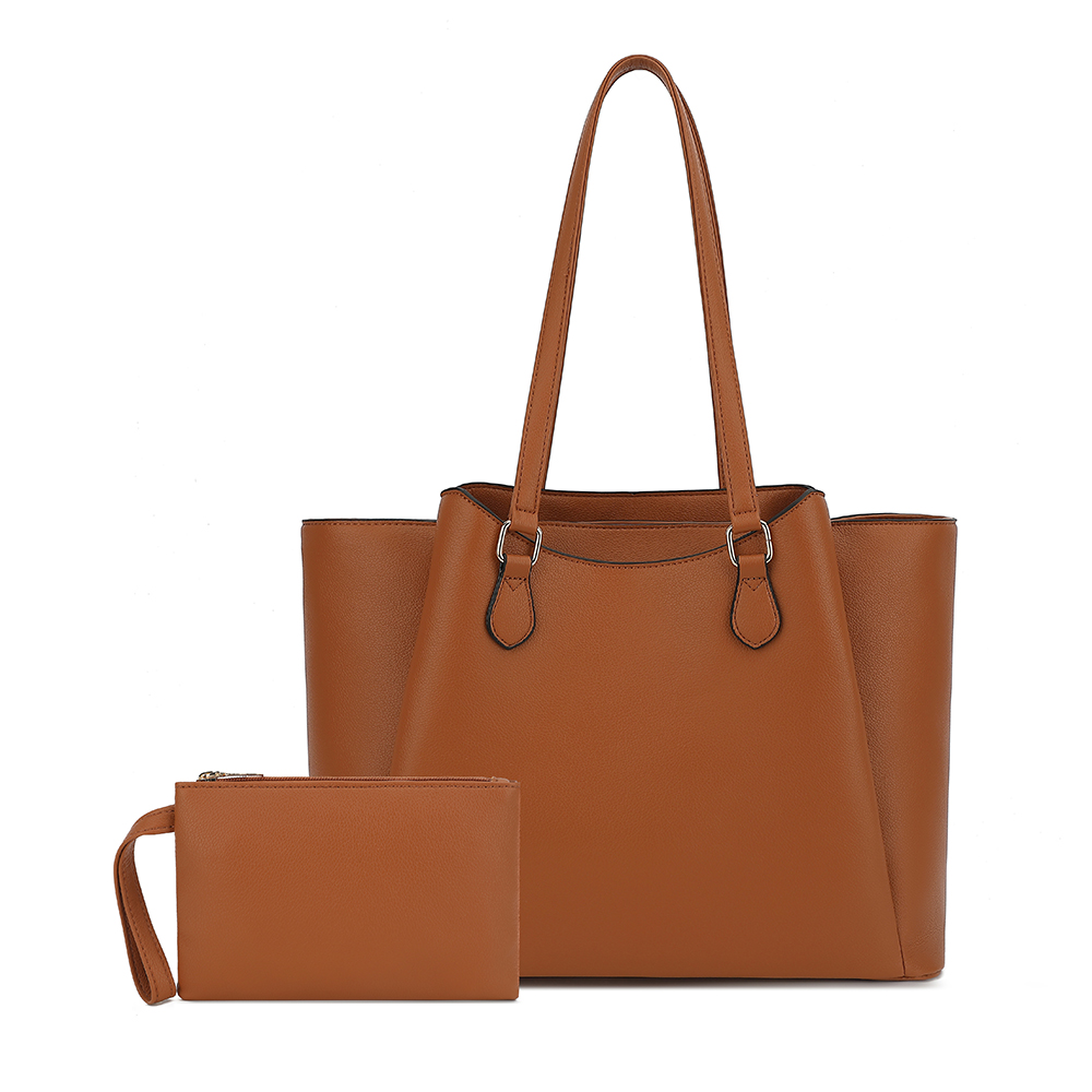 Leather Work Bag Women - 女性用トートバッグ、ポーチ付き大型PUレザーショルダーハンドバッグ、13.5インチのラップトップ用ワークトラベルショッパーバッグ、ブラウン、オフィス用