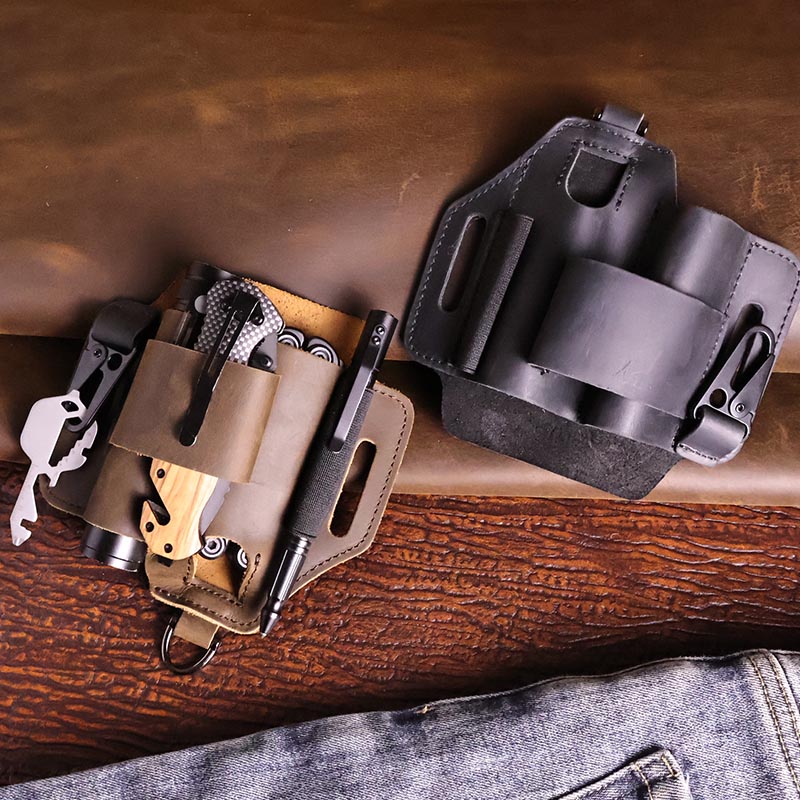 Leatherwork Knife Sheath - 本革のタクティカルファニーパック,屋外作業用ウエストベルトバッグ,マルチツールシース,折りたたみ式ナイフ,懐中電灯ホルダー