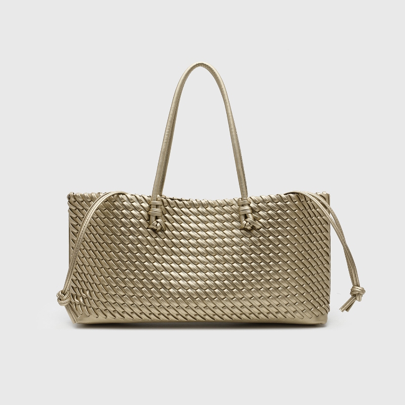 Leather Work Bag Women - デザイナー高級PU織りトートバッグ、トップハンドル付き細長いショルダーバッグ、マグネット開閉ポケット付き横型ショッピングバッグ