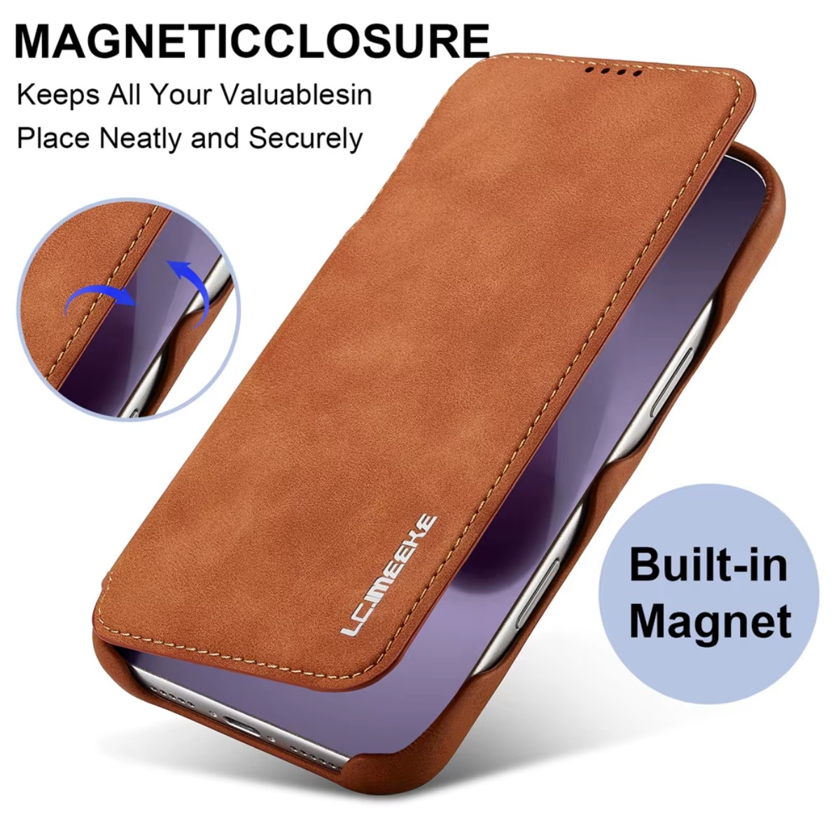 Leather X - レザー財布型マグネットフリップカバー、カードホルダー付き、Apple iPhone 17 Air、16 Pro Max、14、15