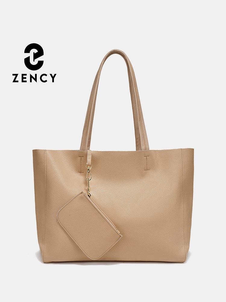 Leather Work Bag Women - Zency 本革ラージトートバッグシンプルファッションカーキアンダーアームバッグジッパー付き A4 ワークバッグショッピング旅行用 14 インチラップトップ用