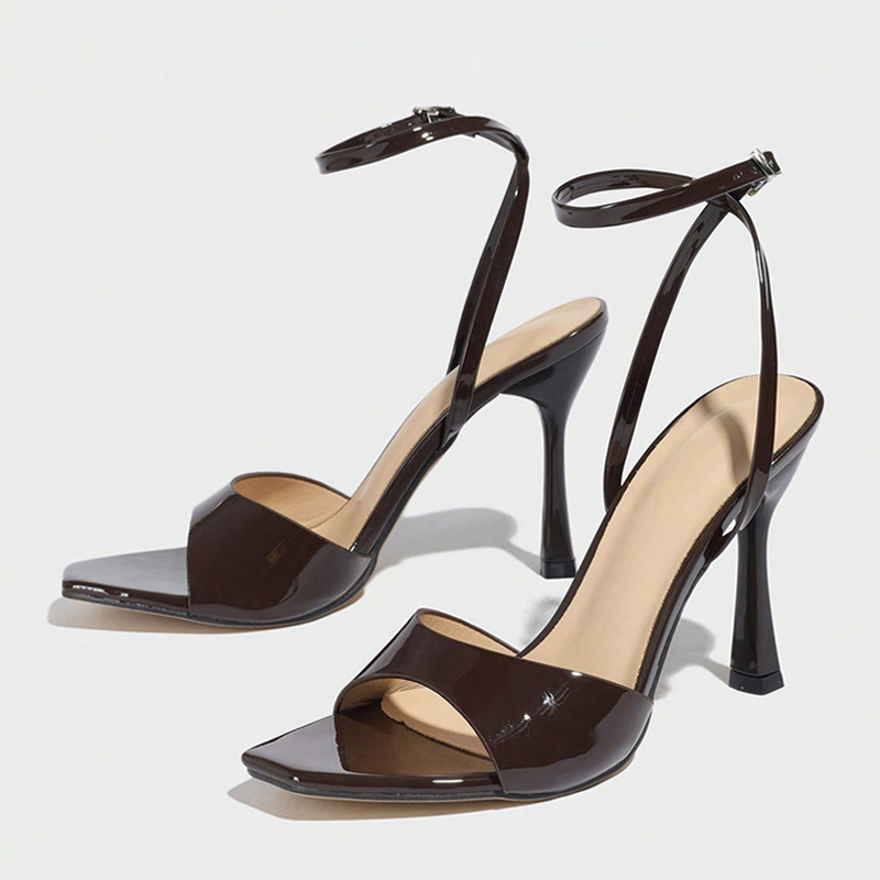 Leather Work Heels - Liyke 新ファッションスクエアオープントゥアンクルバックルストラップデザイナーサンダル女性 10 センチメートルグラディエーターハイヒール宴会パーティーシューズブラウン
