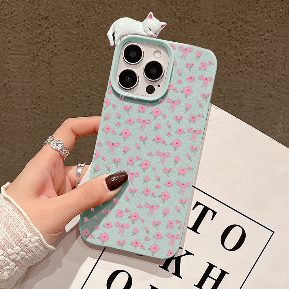 Leather X - 可愛いリボンフラワーと3Dキュートな猫のレザー製スマホケース iPhone 15 14 13 17