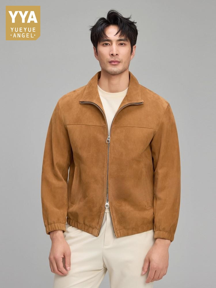 Leather Work For Kids - 高級メンズソフト天然スエードレザージャケットジッパーラペル襟ビジネスワークリアルスエードコート秋のファッションアウタージャケット