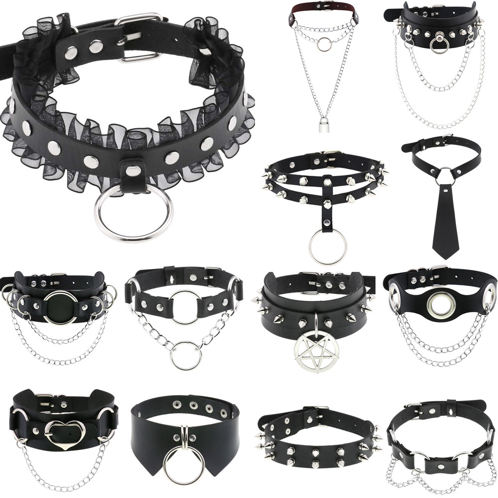 Leatherwork Rings - DIEZI 異なるスタイルヒップホップレザーチョーカーネックレス女性男性原宿ゴシックパンクセクシーなサークルタッセルチェーンネックレスジュエリー