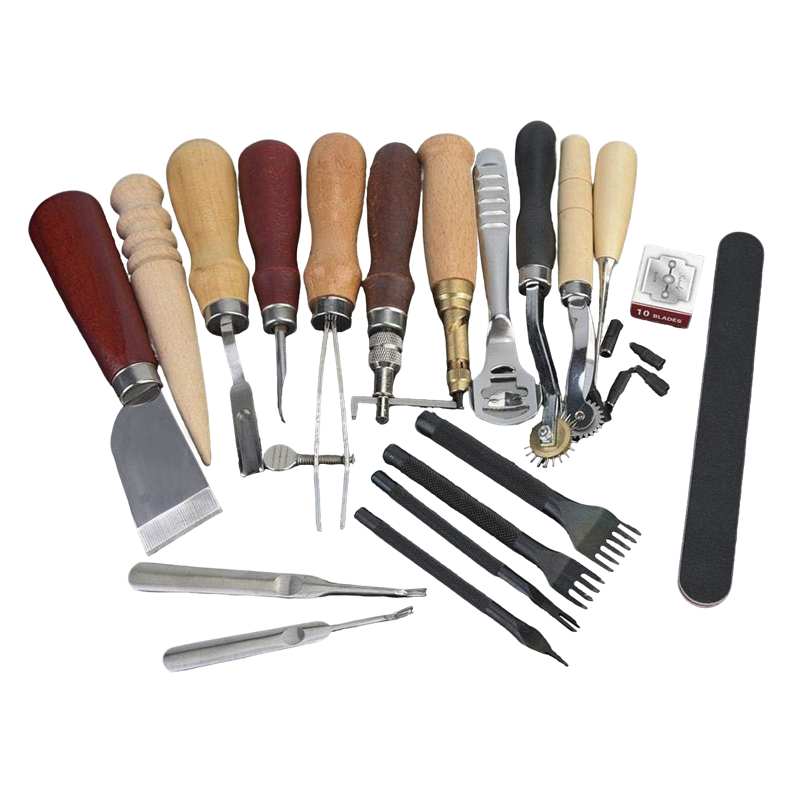 Leatherwork Projects - 革工具セット、19点入り革工芸キット、縫製・打ち抜き・切断用、ステンレス鋼刃と木製ハンドル付き、エッジトリマー・溝切り・穴あけパンチ、初心者からプロの革細工セット