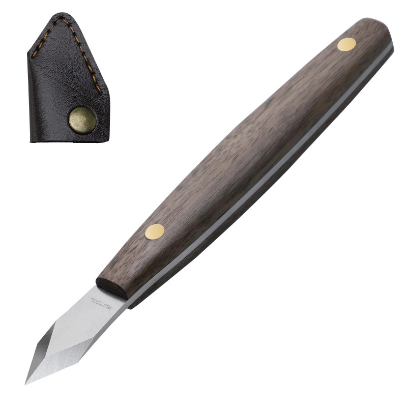 Leatherwork Knife Sheath - 手作りの彫刻刀、薄刃で木を彫ったもの、ブナ材の柄、革鞘付きの仕上げ済みの木製品