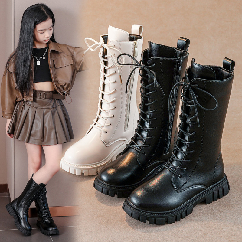 Leather Work For Kids - 冬用子供ブリティッシュスタイルハイPUレザーブーツ キッズソフトソール暖かいニーハイブーツ 女の子用滑り止めレトロワークブーツ普段使い