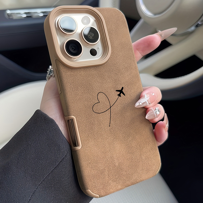 Leather X - 飛行機ルートとハートデザインのフェイクレザー製iPhoneケース (iPhone 17、16、15、14、13、12、11 Pro Max、XS、X、XR、16、15 Plus、17