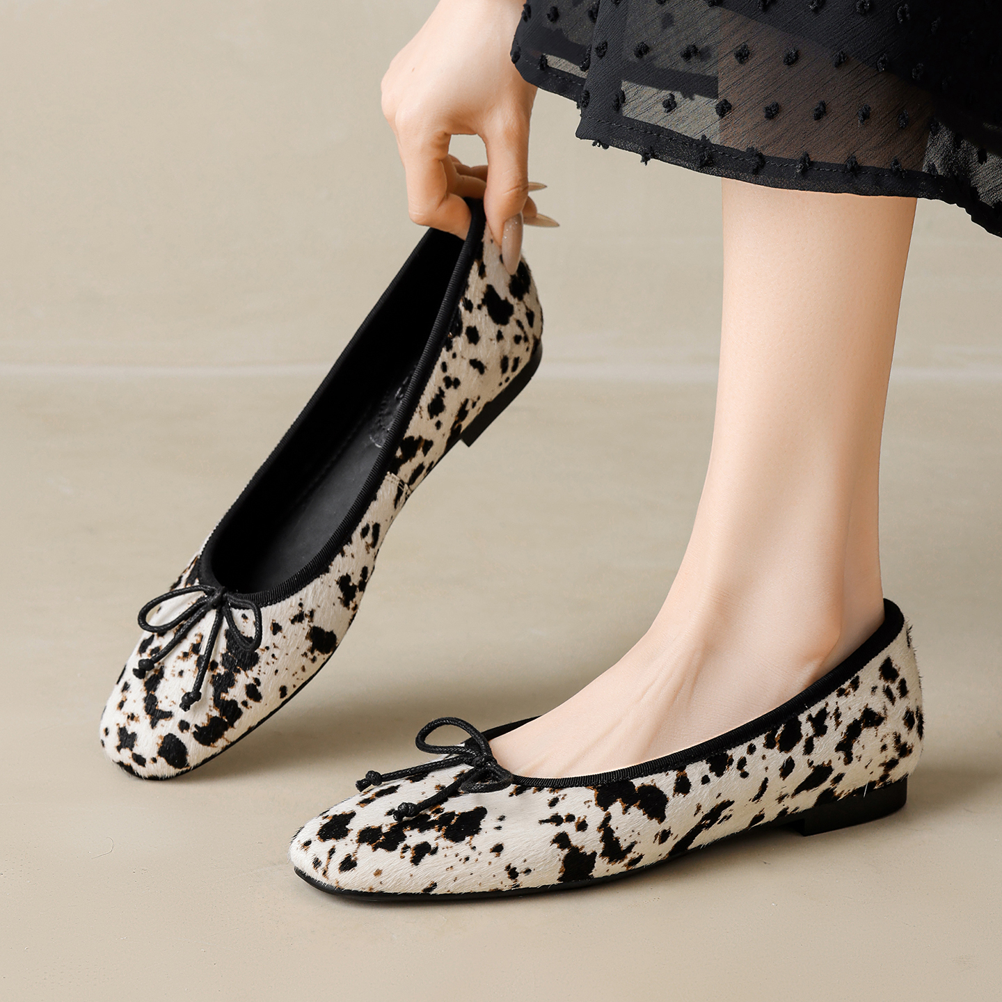 Leather Work Heels - ﻿ 本革馬毛ヒョウ柄ローヒール蝶結び春夏レディースシューズ浅履きワークフラットシューズ