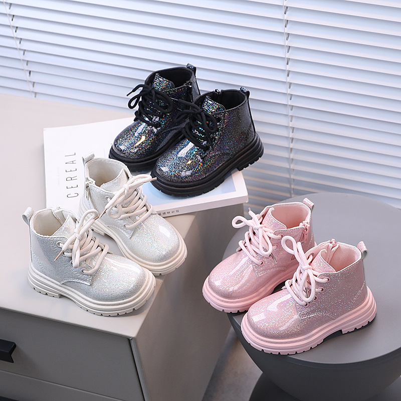 Leather Work For Kids - 秋冬子供グリッター PU レザーワークショートブーツ子供レースアップソフトソールブーツ男の子女の子綿裏地暖かいブーツカジュアル