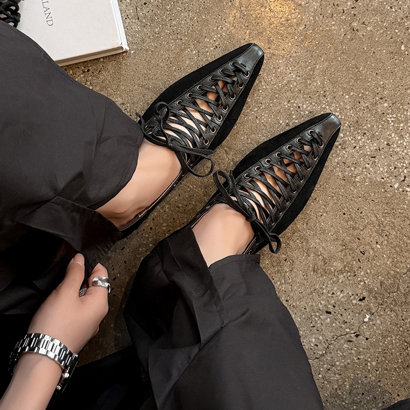 女性の新しい春と秋の革製ポインテッドレースアップ快適なローヒ - Leather Work Heels のレビューと価格