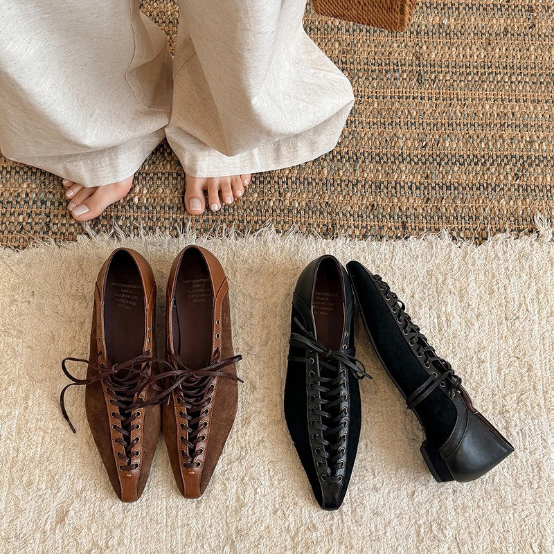 女性の新しい春と秋の革製ポインテッドレースアップ快適なローヒ - Leather Work Heels のレビューと価格