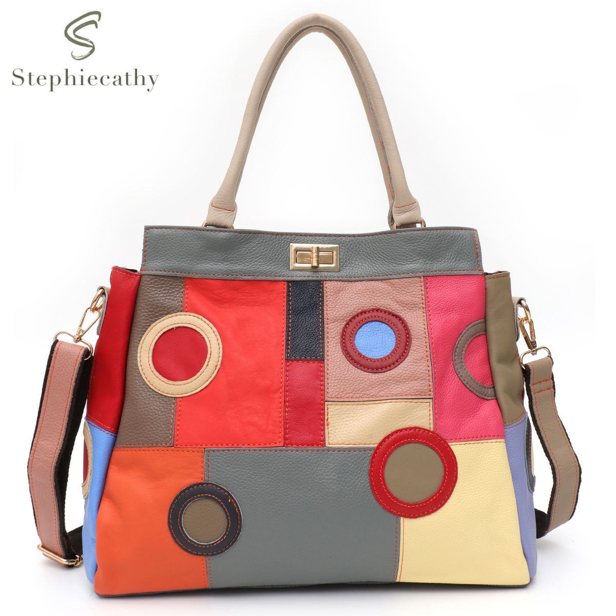Sc-女性のための幾何学的なパッチワークレザーハンドバッグ, - Leather Work Bag Women のレビューと価格