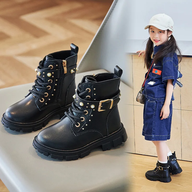 秋冬女の子フリース裏地暖かいワークショートブーツ子供バックル - Leather Work For Kids のレビューと価格