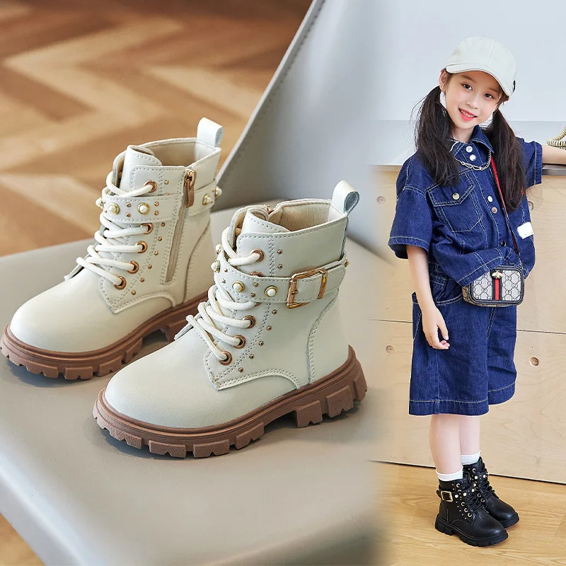 秋冬女の子フリース裏地暖かいワークショートブーツ子供バックル - Leather Work For Kids のレビューと価格