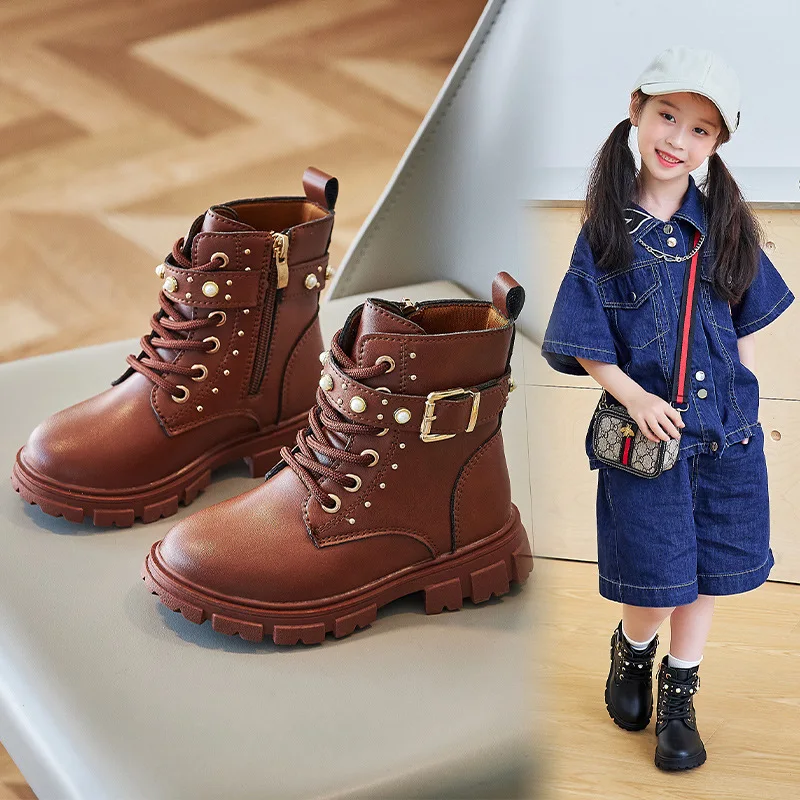 秋冬女の子フリース裏地暖かいワークショートブーツ子供バックル - Leather Work For Kids のレビューと価格