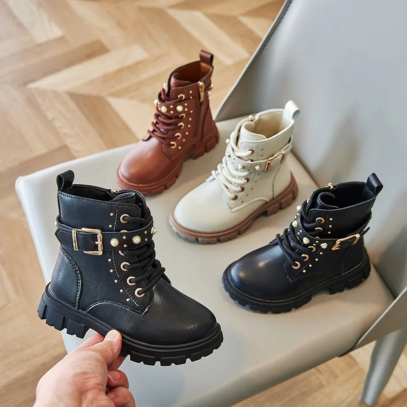 秋冬女の子フリース裏地暖かいワークショートブーツ子供バックル - Leather Work For Kids のレビューと価格