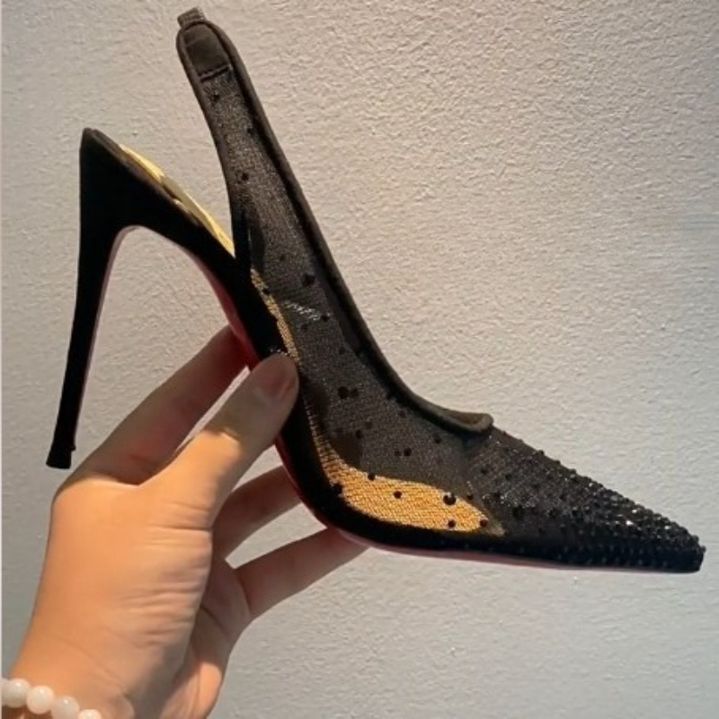 メッシュラインストーン付きリアオープンスティレットヒールレデ - Leather Work Heels のレビューと価格