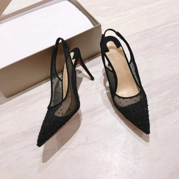 メッシュラインストーン付きリアオープンスティレットヒールレデ - Leather Work Heels のレビューと価格