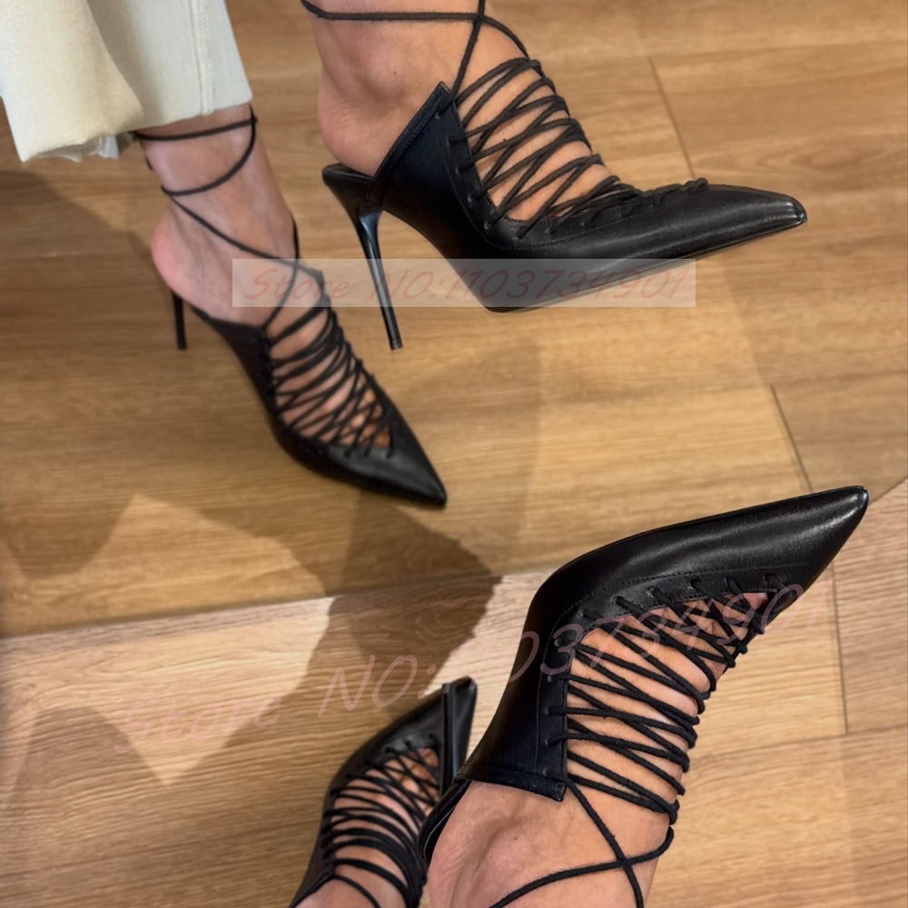 黒のレースアップラップアラウンドサンダル、レディース、ポイン - Leather Work Heels のレビューと価格