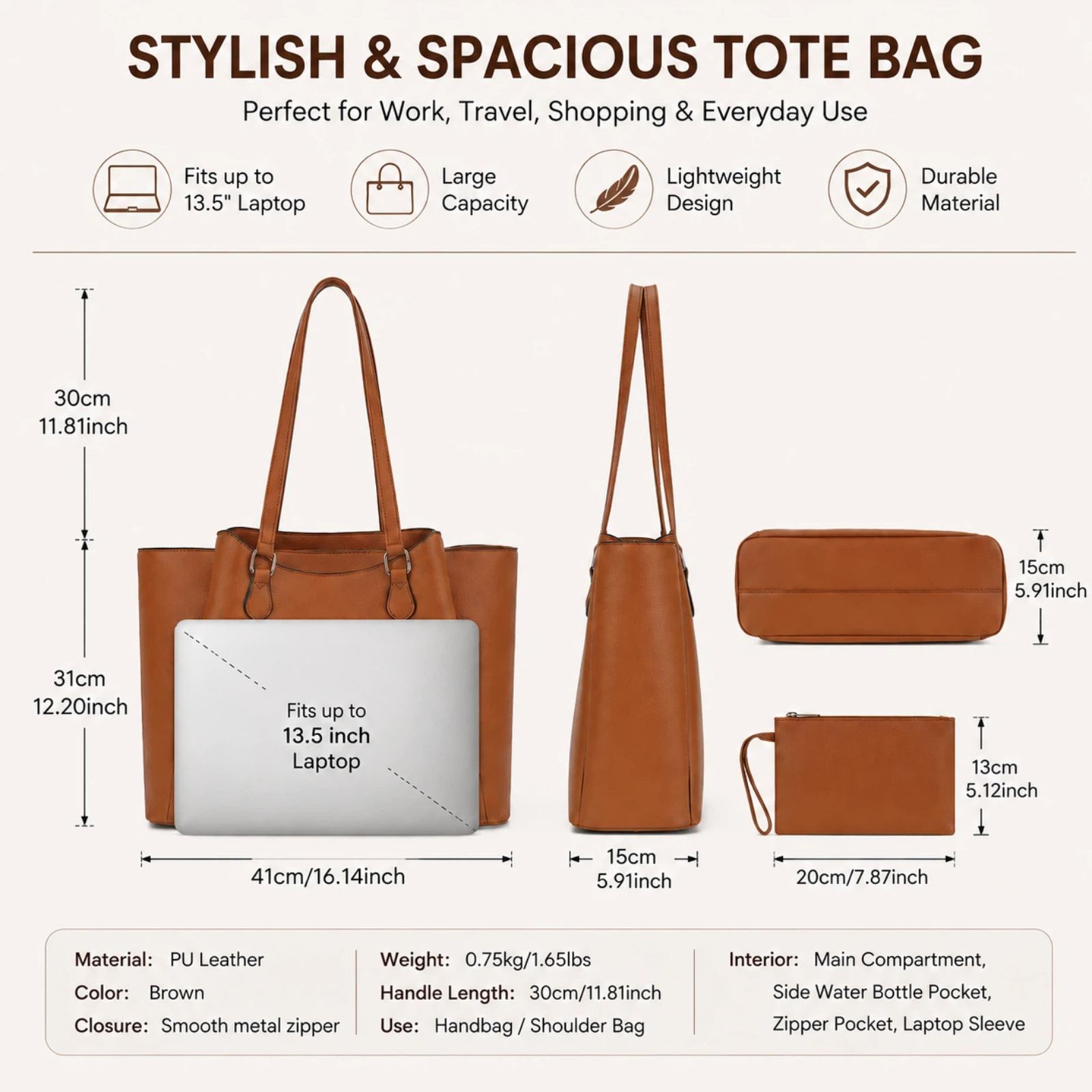女性用トートバッグ、ポーチ付き大型PUレザーショルダーハンド - Leather Work Bag Women のレビューと価格