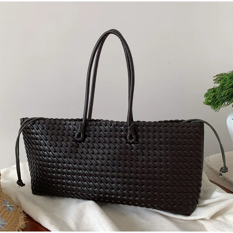 デザイナー高級PU織りトートバッグ、トップハンドル付き細長い - Leather Work Bag Women のレビューと価格