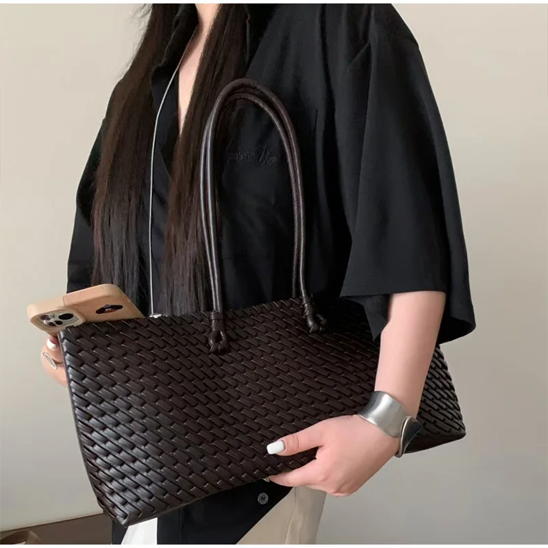 デザイナー高級PU織りトートバッグ、トップハンドル付き細長い - Leather Work Bag Women のレビューと価格