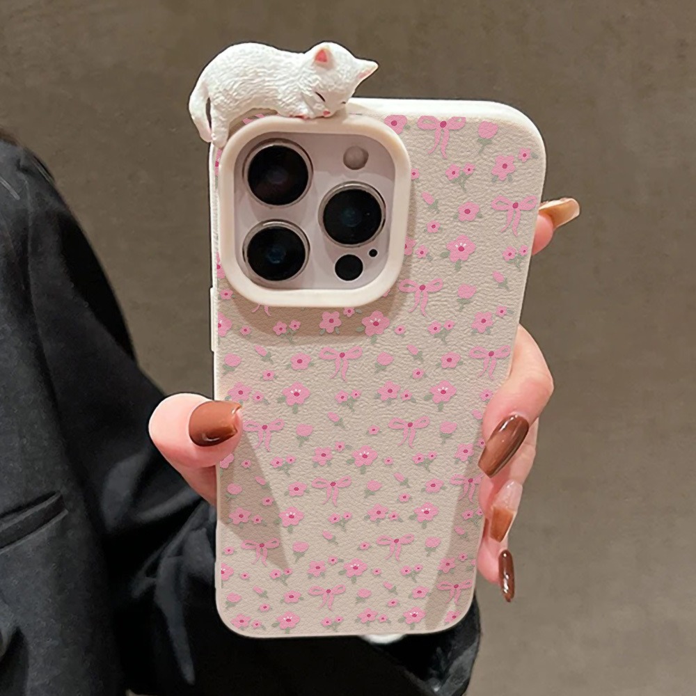 可愛いリボンフラワーと3Dキュートな猫のレザー製スマホケース - Leather X のレビューと価格