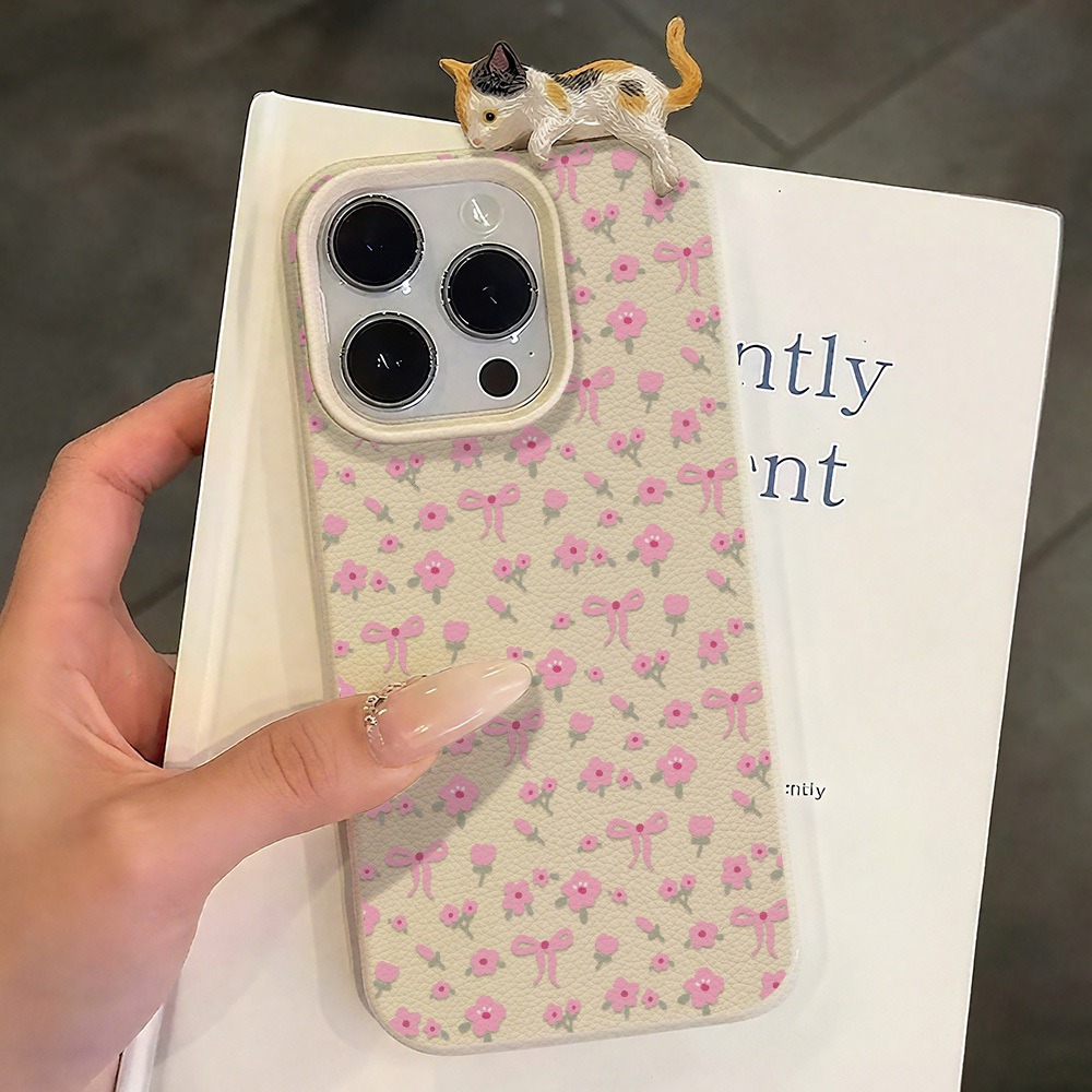 可愛いリボンフラワーと3Dキュートな猫のレザー製スマホケース - Leather X のレビューと価格