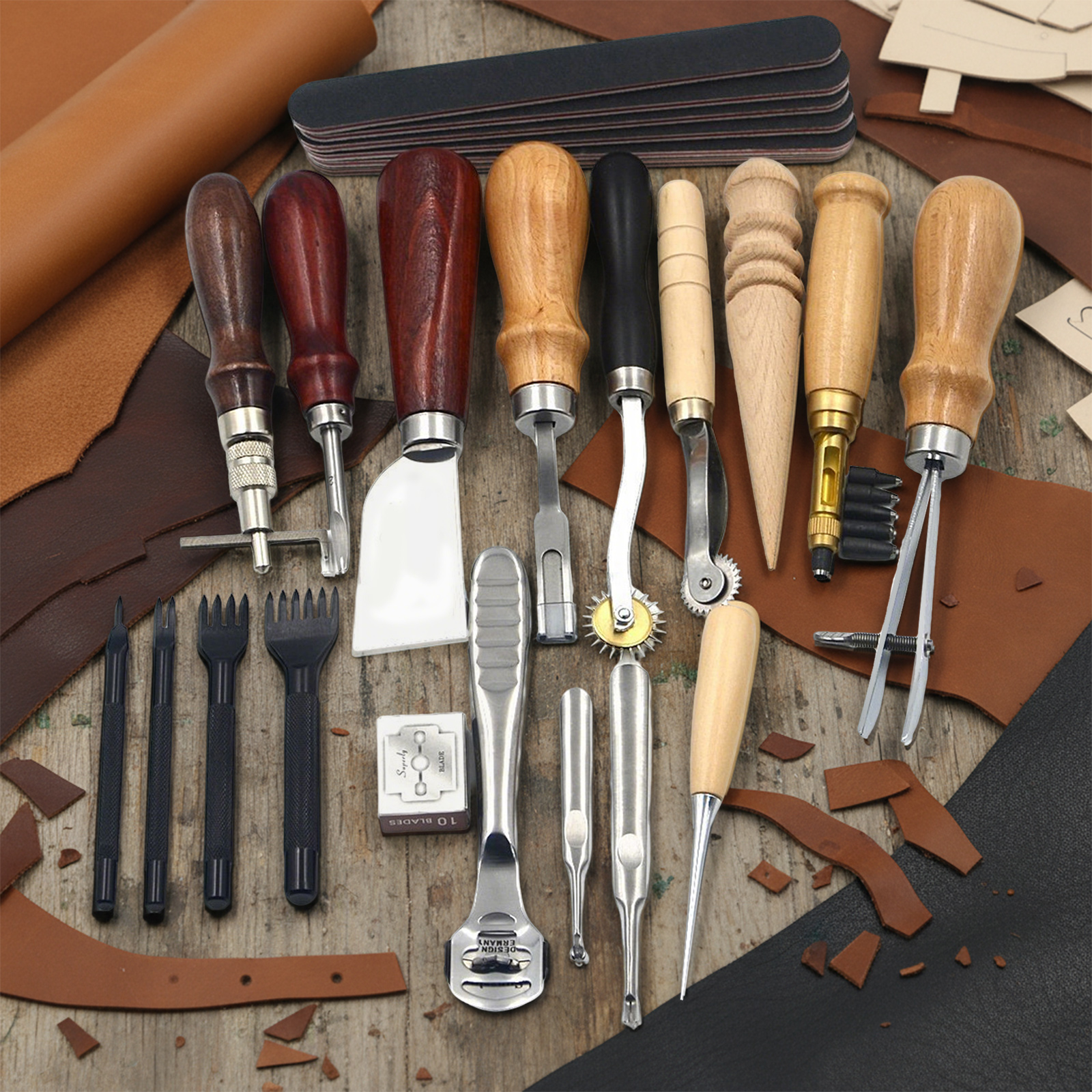 革工具セット、19点入り革工芸キット、縫製・打ち抜き・切断用 - Leatherwork Projects のレビューと価格