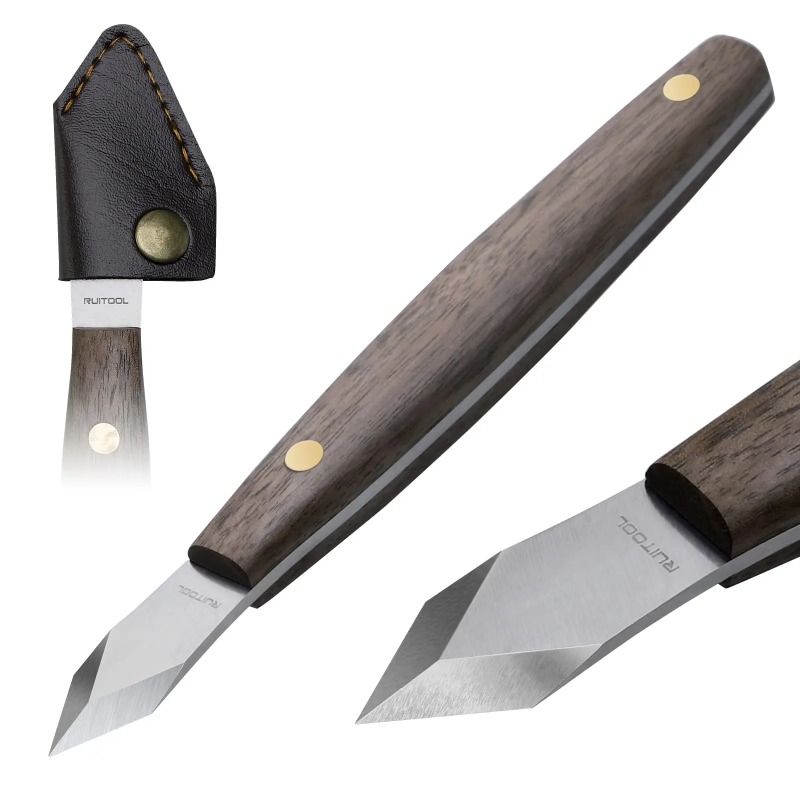 手作りの彫刻刀、薄刃で木を彫ったもの、ブナ材の柄、革鞘付きの - Leatherwork Knife Sheath のレビューと価格