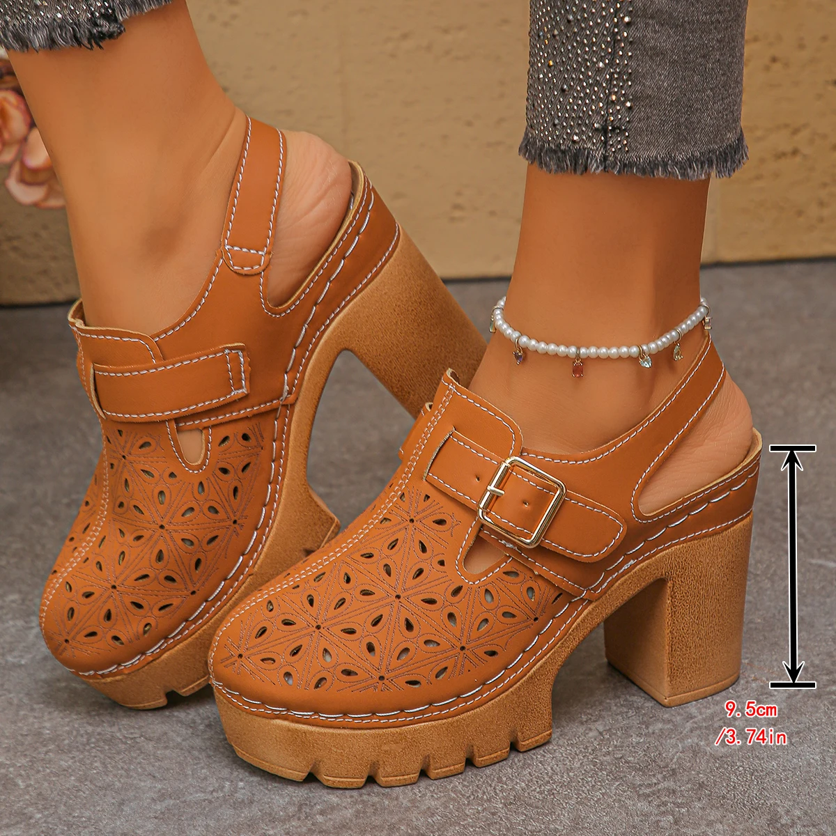 大きいサイズの女性の厚いヒールサンダル夏の新しいローマスタイ - Leather Work Heels のレビューと価格