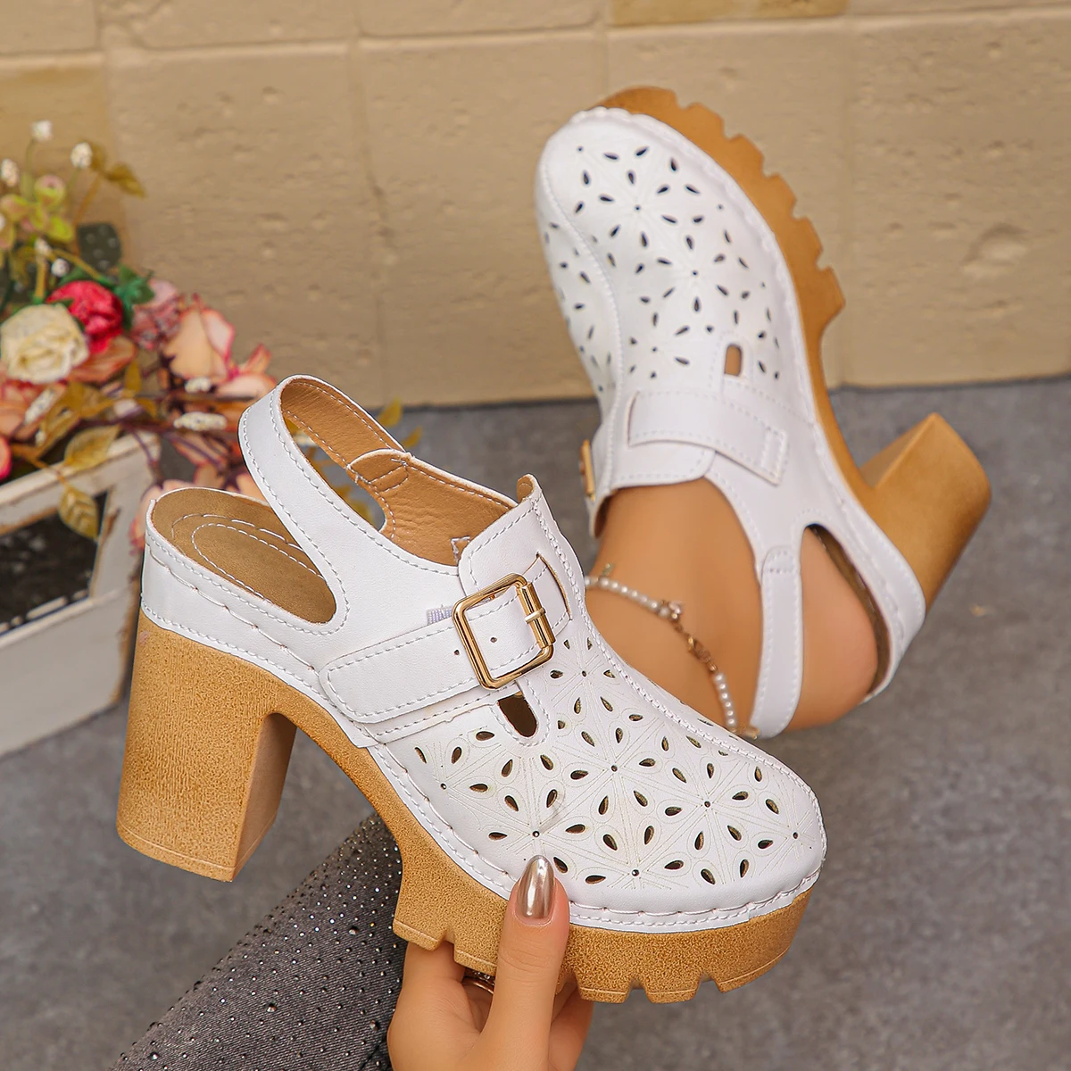 大きいサイズの女性の厚いヒールサンダル夏の新しいローマスタイ - Leather Work Heels のレビューと価格